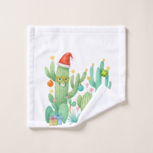 Feestelijke Kerstcactus met Santa Hat & Ornament Washandje (Wasdoekje)