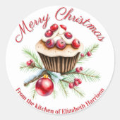 Feestelijke Kerstcupcake met Rode Cranberries Ronde Sticker (Voorkant)