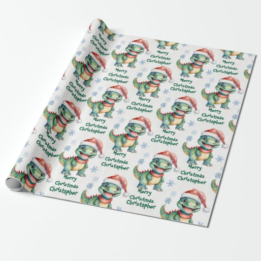 feestelijke kerstdinosaurus cadeaupapier (Uitgerold)