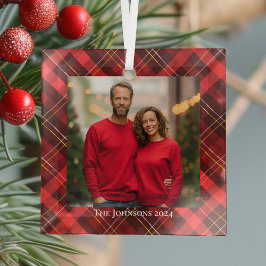 Feestelijke Kerstfamilie Foto Red Plaid Tartan Glas Ornament