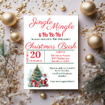 Feestelijke kerstfeest Bash Kaart<br><div class="desc">Een feestelijke Jingle Mingle Christmas Party-uitnodiging met een waterverf kerstman ( Father Christmas ) die naast een versierde kerstboom staat omringd door ingepakte cadeaus / geschenken . Een mooi ontwerp met rode en groene tekst die uw gasten uitnodigt om mee te doen voor een feestelijk feest. De perfecte moderne kerst...</div>