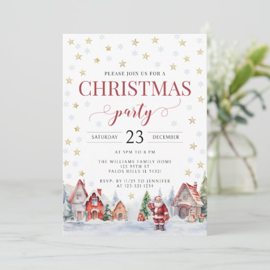 Feestelijke Kerstfeest Santa rood goud uitnodiging (Staand voorkant)