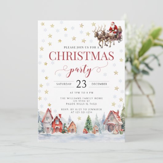 Feestelijke Kerstfeest Santa sleigh uitnodiging (Staand voorkant)
