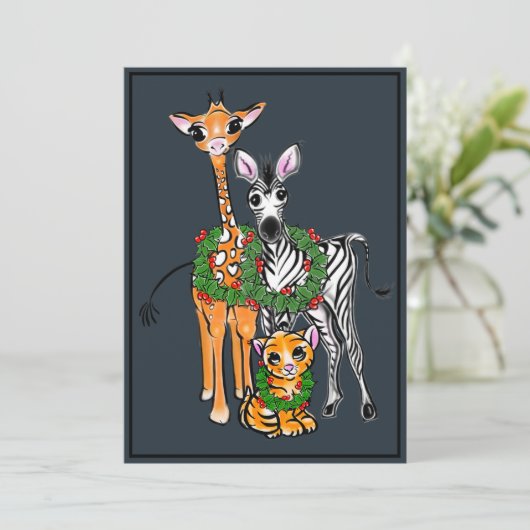 feestelijke kerstfeestdag Giraffe, Zebra, tijger Feestdagenkaart (Staand voorkant)