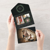 feestelijke kerstfeestdag met groen 4-fotofeest all in one uitnodiging (Afscheurbaar)