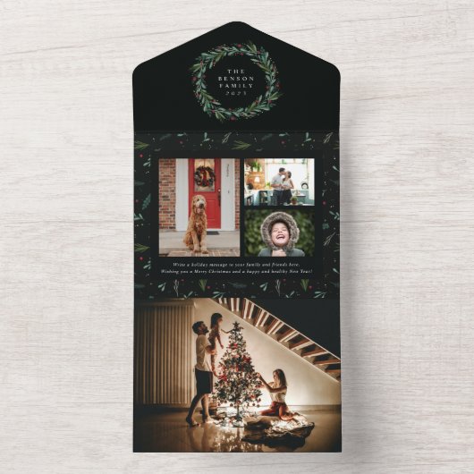 feestelijke kerstfeestdag met groen 4-fotofeest all in one uitnodiging (Binnen)