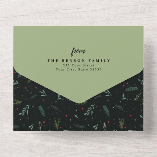 feestelijke kerstfeestdag met groen 4-fotofeest all in one uitnodiging (Achterkant)