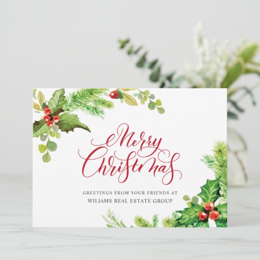 Feestelijke kerstgroet met hulstbessen voor bedrij feestdagenkaart (Staand voorkant)