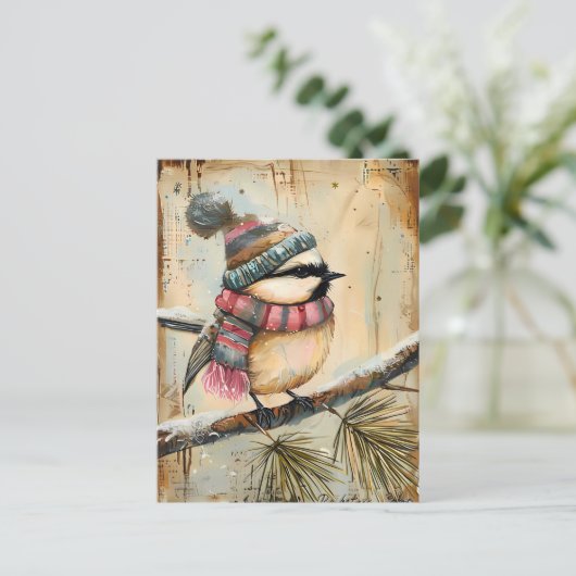 Feestelijke kerstgroet met schattige vogel briefkaart (Staand voorkant)