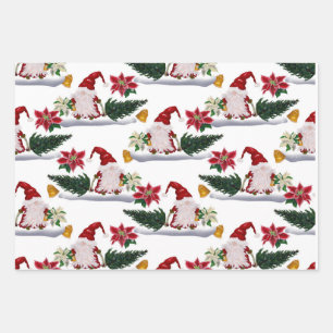 Feestelijke Kerstkabouters, Poinsettia en Bellen Inpakpapier Vel