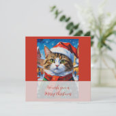 Feestelijke Kerstkat in Kerstmannenhoed Save The Date (Staand voorkant)