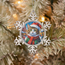 Feestelijke Kerstkat in Kerstmannenhoed Tin Sneeuwvlok Ornament
