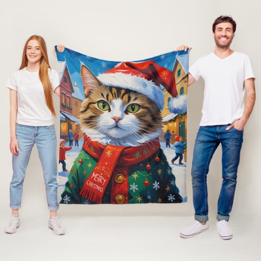 Feestelijke Kerstkat in Santa Hat Fleece Deken (In situ)