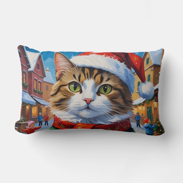 Feestelijke Kerstkat in Santa Hat Kussen (Voorkant)