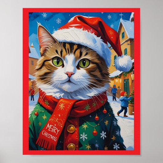 Feestelijke Kerstkat in Santa Hat Poster (Voorkant)