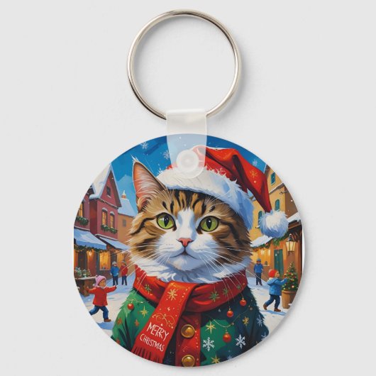 Feestelijke Kerstkat in Santa-hoed Sleutelhanger (Voorkant)