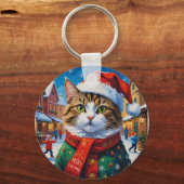 Feestelijke Kerstkat in Santa-hoed Sleutelhanger (Voorkant)
