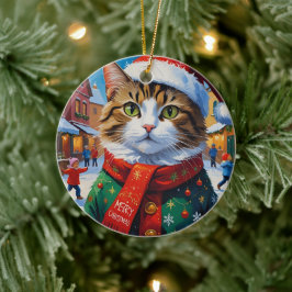 Feestelijke Kerstkat in Sinterklaashoed Keramisch Ornament