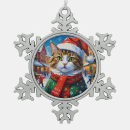 Feestelijke Kerstkat in Sinterklaashoed Tin Sneeuwvlok Ornament