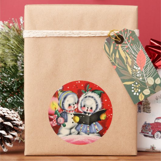 feestelijke kerstkleuring van sneeuw kinder retro  ronde sticker (Feestdagen)
