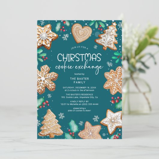Feestelijke kerstkoekjesuitwisselingsfeest kaart (Staand voorkant)