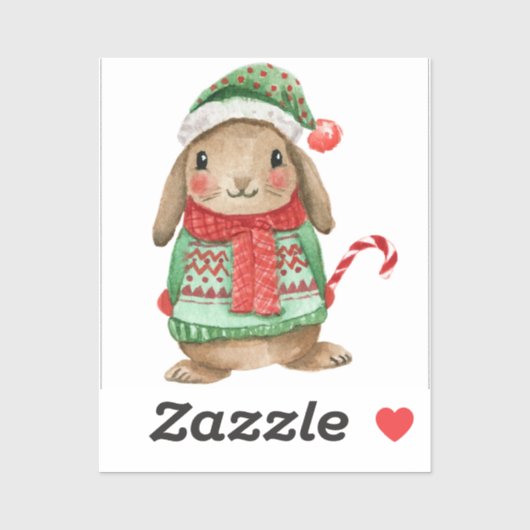 Feestelijke kerstkonijn met snoepstok sticker (Vel)