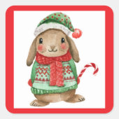 Feestelijke kerstkonijn met snoepstok vierkante sticker (Voorkant)