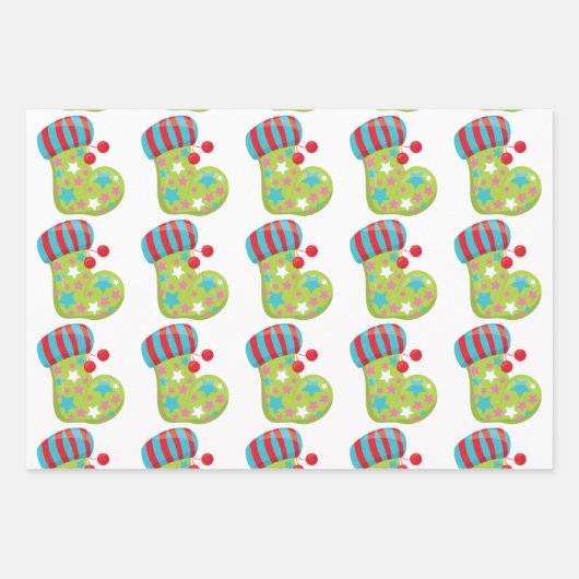 feestelijke kerstkousen op witte patronen inpakpapier vel (Voorkant 3)
