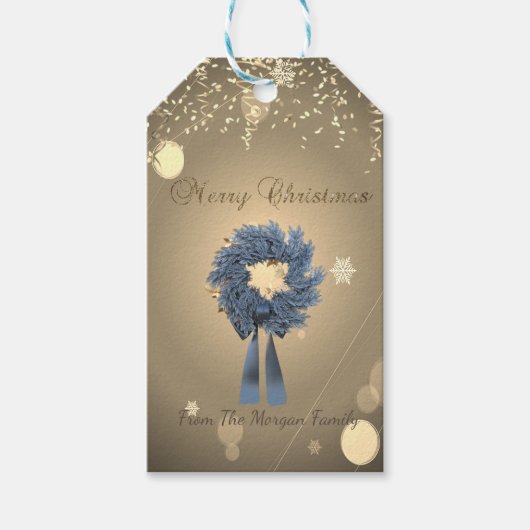 Feestelijke kerstkrans blauw , confetti cadeaulabel (Voorkant)