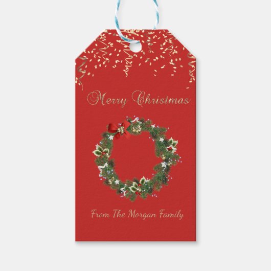 Feestelijke kerstkrans, confetti, rood cadeaulabel (Voorkant)