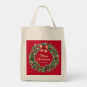 Feestelijke Kerstkrans Elegant Rood Gepersonalisee Tote Bag (Achterkant)