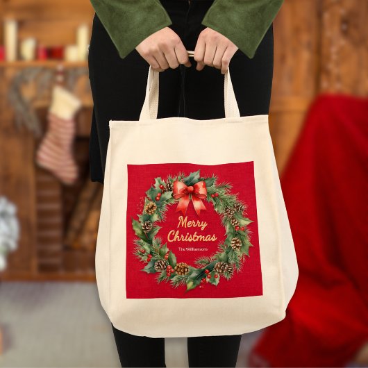 Feestelijke Kerstkrans Elegant Rood Gepersonalisee Tote Bag