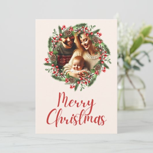Feestelijke Kerstkrans Familie Fotokaart Ontwerp Kaart (Staand voorkant)