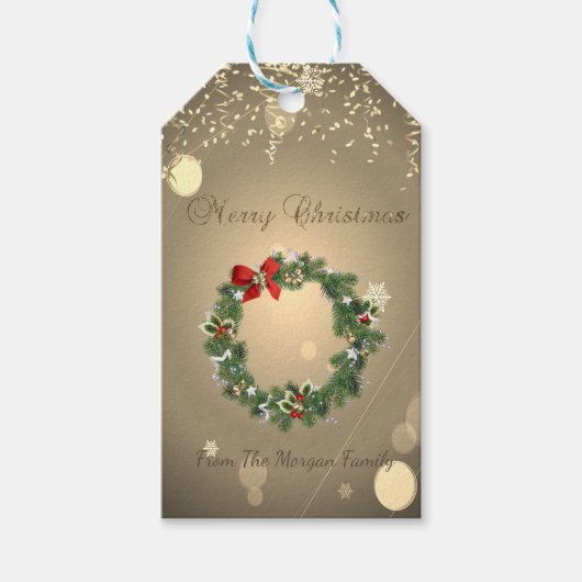 Feestelijke kerstkrans met confetti cadeaulabel (Voorkant)