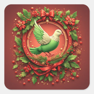 Feestelijke kerstkrans met groene duif vierkante sticker