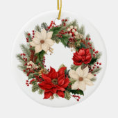 Feestelijke Kerstkrans met Poinsettia Keramisch Ornament (Voorkant)