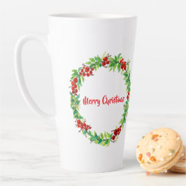 Feestelijke kerstkrans met rode bessen latte mok