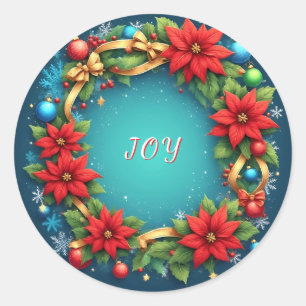 Feestelijke kerstkrans met rode poinsettia's ronde sticker
