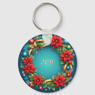 Feestelijke kerstkrans met rode poinsettia's sleutelhanger