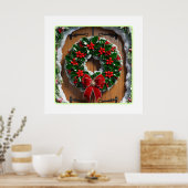 Feestelijke kerstkrans op houten deur poster (Keuken)