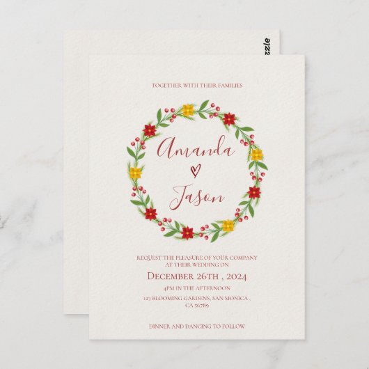 Feestelijke Kerstkrans Rode Groene Bloemenbruiloft Briefkaart (Voorkant / Achterkant)