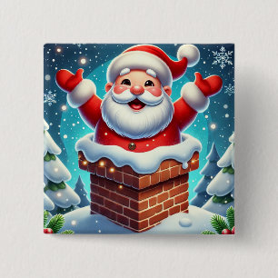 Feestelijke Kerstman die uit de Schoorsteen komt Vierkante Button 5,1 Cm