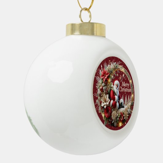 Feestelijke Kerstman en Elegante Bloemen Keramische Bal Ornament (Links)