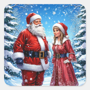Feestelijke Kerstman en Mevrouw Claus Vierkante Sticker