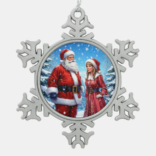 Feestelijke Kerstman en Mevrouw Kerstman Tin Sneeuwvlok Ornament