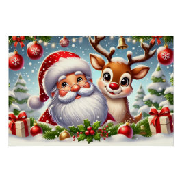 Feestelijke Kerstman en rendier in SnowyChristmas Perfect Poster