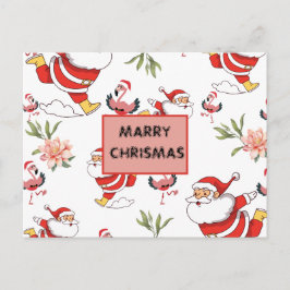 Feestelijke Kerstman, Flamingo & Roze Bloemmotief Feestdagenkaart