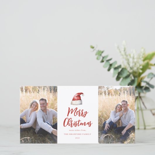 Feestelijke kerstman hoed 2 foto feestdagenkaart (Staand voorkant)