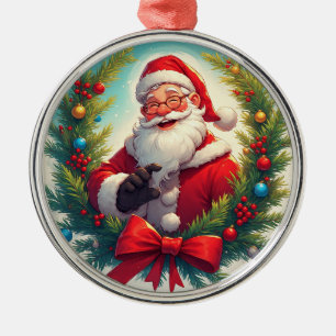Feestelijke Kerstman in Kerstkrans Metalen Ornament