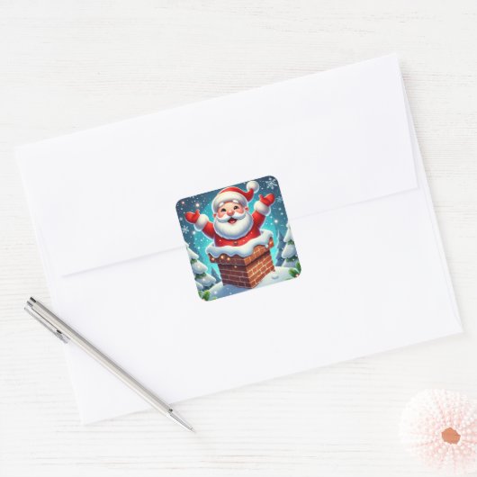 Feestelijke kerstman komt uit schoorsteen vierkante sticker (Envelop)
